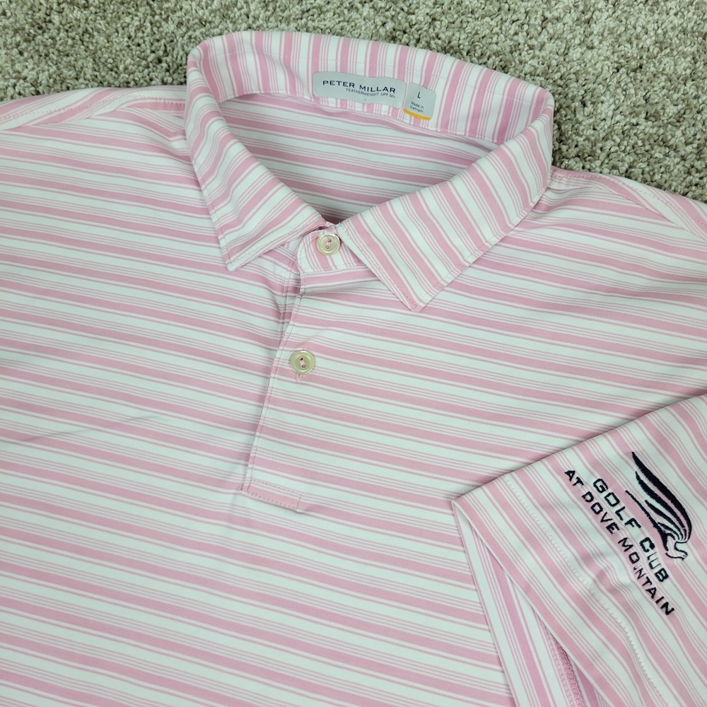 Peter Millar Featherweight Mens Large Pink White Striped Performance Polo